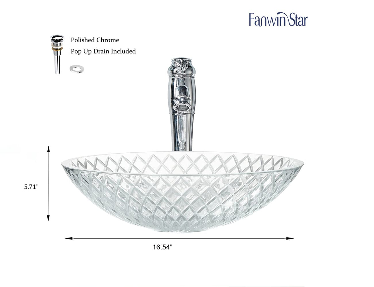 Fanwin Star Tempered Deco Glass Luxuryhome Bathroom Sink in Crystal engraving Elegant | Top Mount Basin | Vanity Countertop Sink Bowl with Pop Up Drain |Surface Finish Glossy | FW-LA659