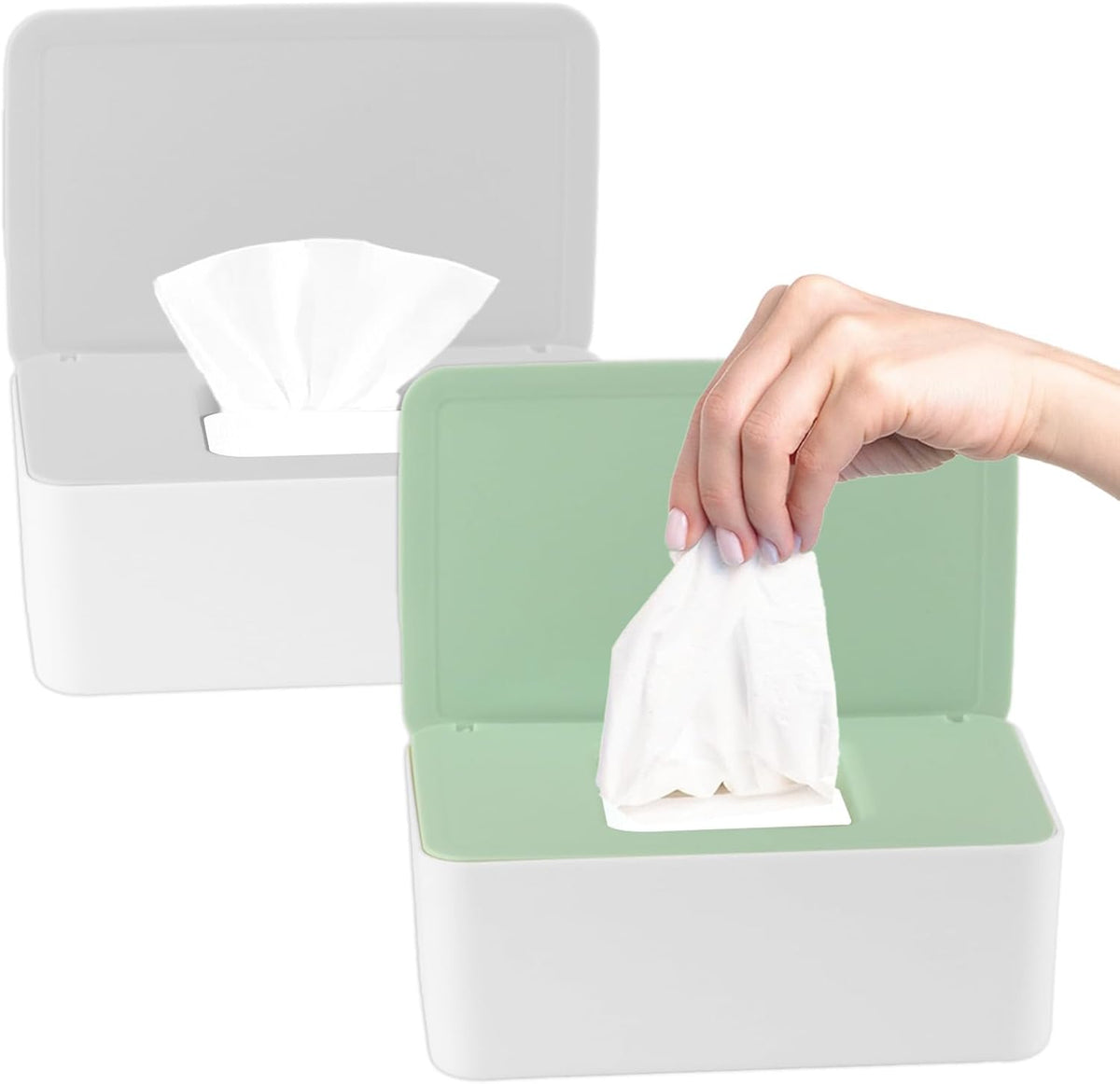 2Pcs Diaper Wipes Dispenser, Refillable Wipe Container, Wipe Container with Sealing Design Lid, Keep Wipes Fresh,Wet Wipes Cases (Gray and Green)