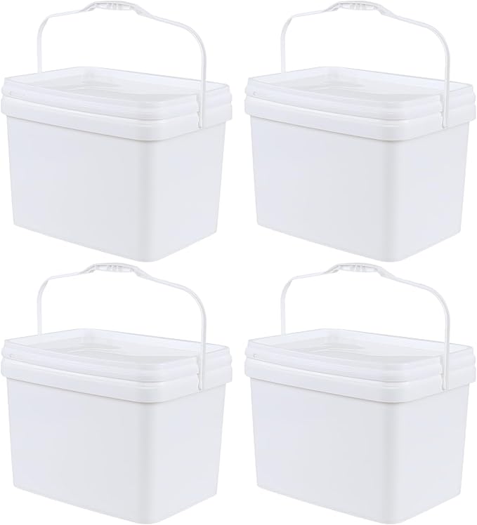 Saedy 5 Gallon Rectangular Food Storage Bucket, Set of 4 White Plastic Utility Pail, Food Grade Bucket with Lid and Handle
