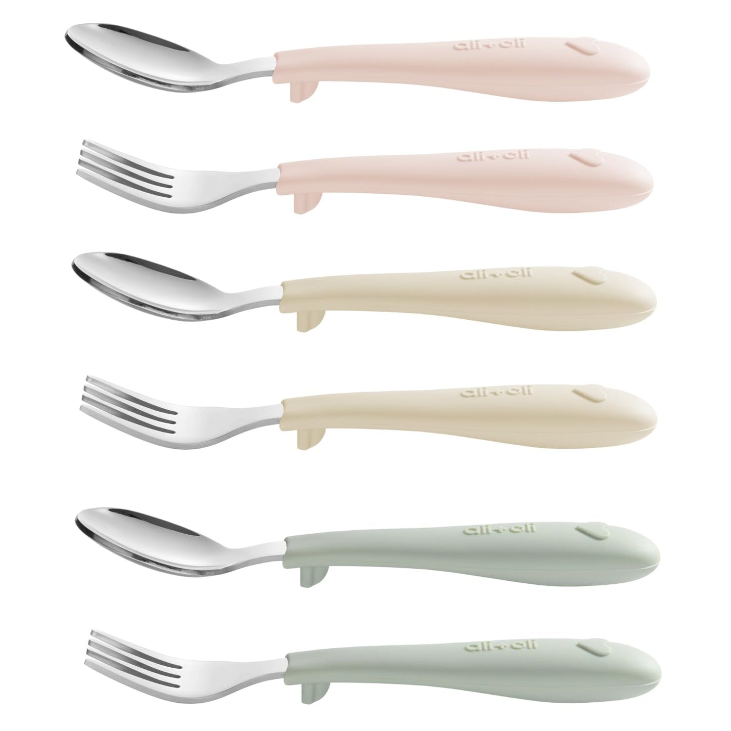Ali+Oli Toddler Utensils Set (6 Pack) – Stainless Steel Kids Silverware with Soft Silicone Handles, BPA Free Baby Forks and Spoons, Durable Children Flatware Dishwasher Safe for Self Feeding (Hearts)