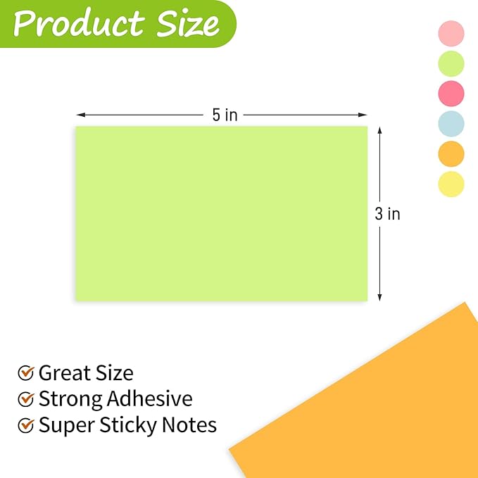 3 in x 5 in Large Sticky Notes, 76 x 127 mm 6 Pads Assorted Self-Stick Pads for Notebook,Office,School and Home,80 Sheets/Pad (12 Pads Brillant)