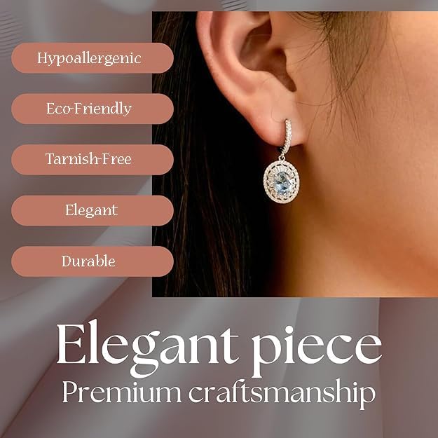 925 Sterling Silver Jewelry Set - Oval Blue Topaz-Tone and CZ Diamond Halo Necklace with Matching Earrings, Dainty Pendant Set with Exquisite Leather Box