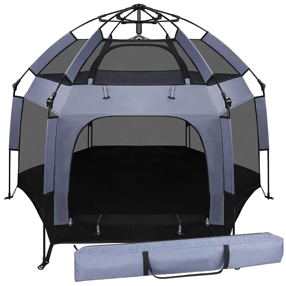 UJUJIA Baby Play Yard Outdoor Baby Playpen with Canopy Beach Tent for Kids and Toddlers Portable Lightweight Pop Up Pack and Play Playards with Travel Bag,61"*61"*49.2" Grey