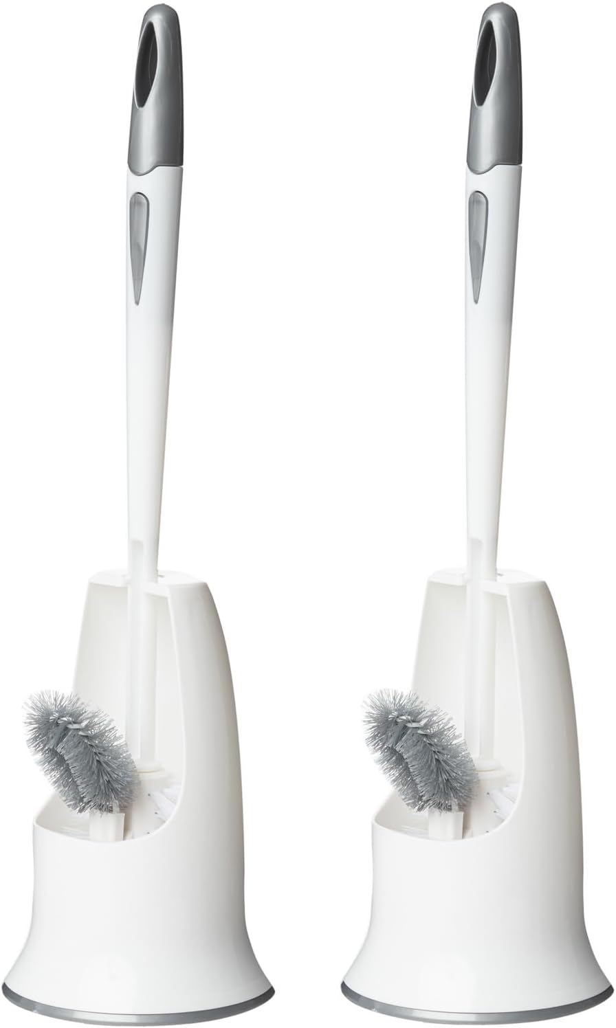 2 Pack Toilet Bowl Brush with Holder for Bathroom, Under-Rim Double Brush Head, Long Handle Household Cleaning Brushes Set (2 Pack Grey Brush with Holder)