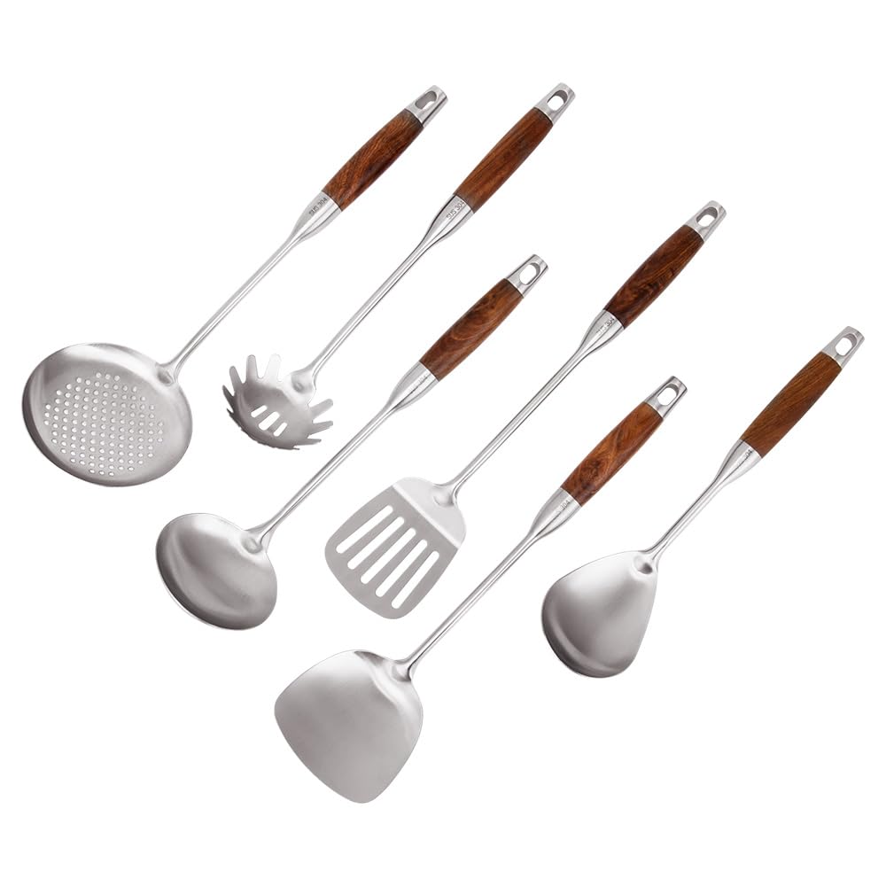 VALESKA Kitchen Utensils Set with Wood Handle, 6 Pieces Stainless Steel Utensils Set, Metal Cooking Utensils Set, Non-Stick and Heat Resistant
