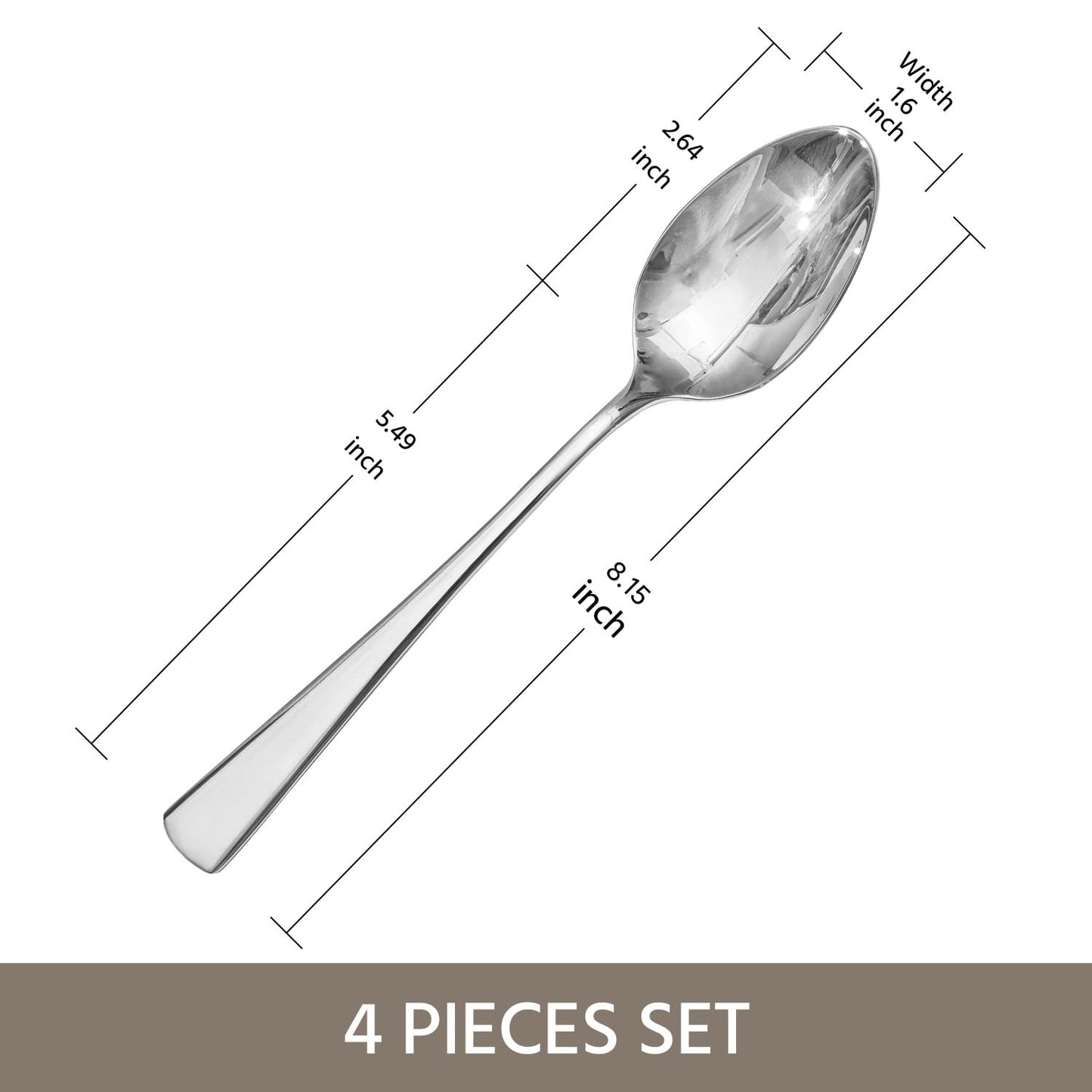 KINGSTONE 8.15-Inch Dinner Spoons (Not Teaspoons), 4-Piece 18/10 Stainless Steel Table Spoon Set, Silver, Food Grade, Dishwasher Safe