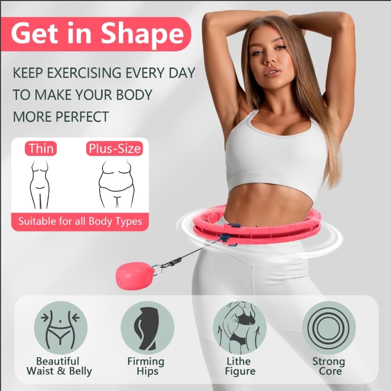 Leann L!fe U1-30 Knots Waist 19"- 61”, Magnetic Lock Smart Weighted Hula Hoop for Adults Weight Loss, Infinity Hoop Plus Size, Children Adult Home Outdoors, Fitness Exercise, Abdominal Toner, Pink