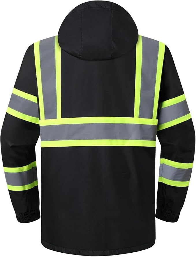 JKSafety Hi-Vis Reflective Safety Rain Jacket for Men Women Waterproof Rain Gears for Farming Fishing Work HV Rain Jacket with Inner Mesh Lining and Pockets (117A-Black XL)
