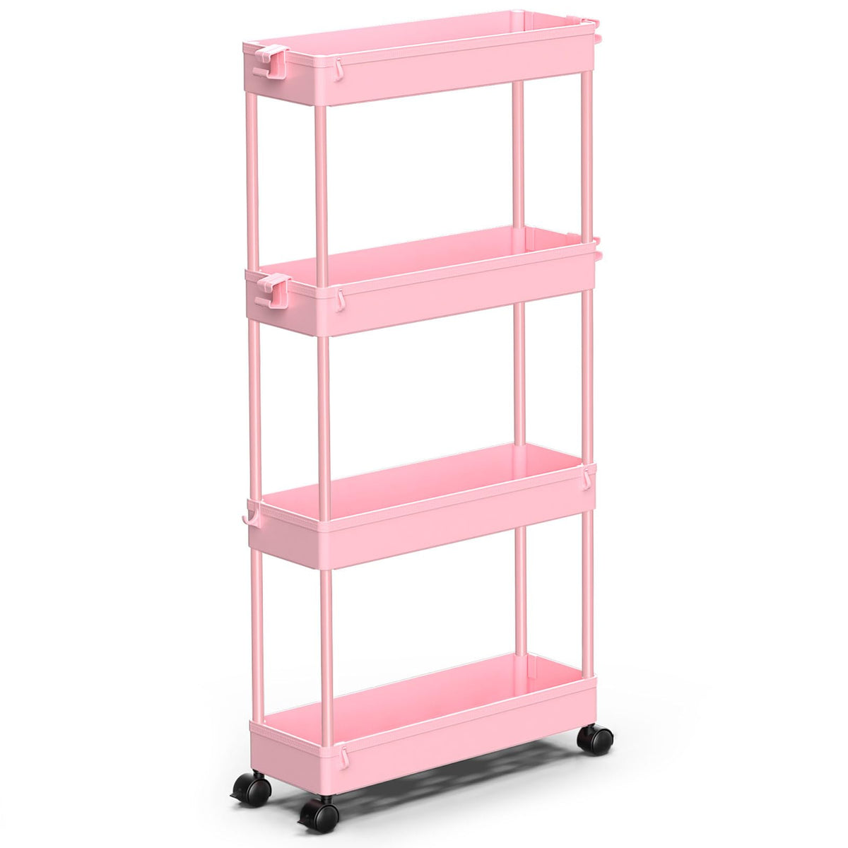SPACEKEEPER Slim Rolling Storage Cart 4 Tier Bathroom Organizer Utility Cart Mobile Shelving Unit Tower Rack for Kitchen, Laundry Room, Bathroom, Narrow Places, Pink