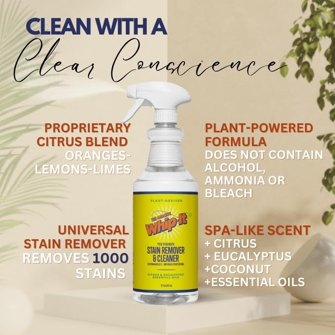 Whip It Cleaner, Multi Purpose Stain Remover Professional Strength Spray, Plant Based Enzyme Cleaner, Cleaning Food, Coffee, Wine, Baby Stains, Pet Stains, Over 500 uses, Made in USA, 32 OZ