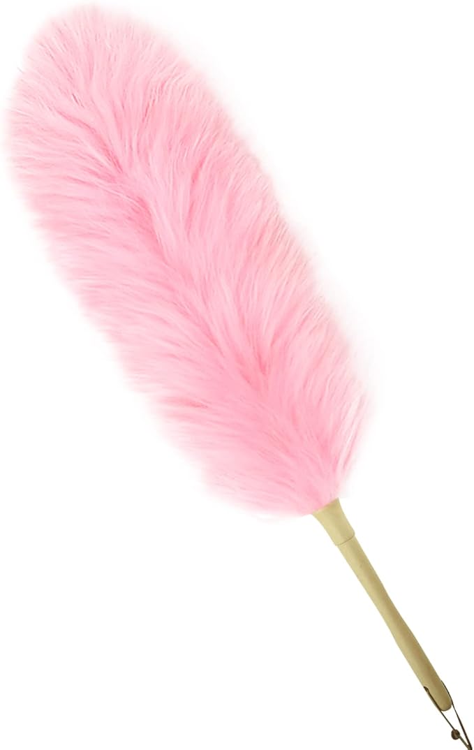Lambs Wool Duster for Cleaning Window Blinds Computer Furniture TV Computer Screens Bookshelves Solid Wooden Handle Natural Feather Duster,26'', Pink