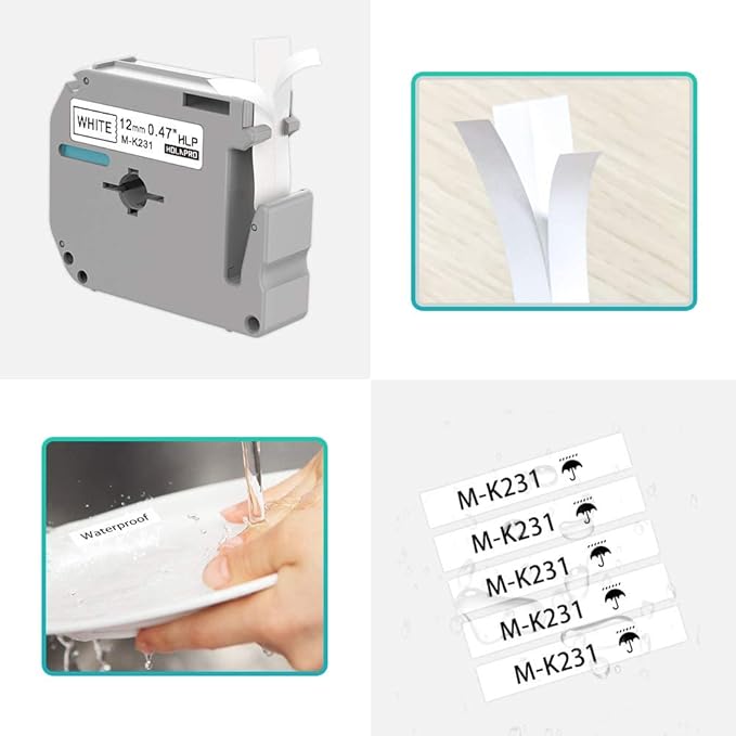 4 x Label Maker Tape Replacement for Brother P Touch M Tape M-K231 M-K231s MK231 MK-231 M231 12mm 0.47 White, Compatible with Brother P Touch PT-M95,PT-90,PT-70,PT-65,PT-85 Label Maker Refills,26.2 Ft