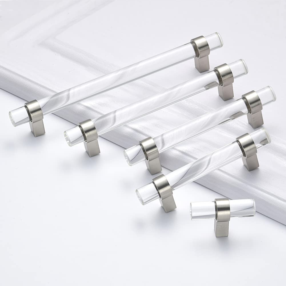 BonKuDoo 10 Pack Brushed Nickel Cabinet Knobs Clear Glass Crystal Drawer Knobs Kitchen Cabinet Pulls and Knobs for Dresser Drawers T-Bar