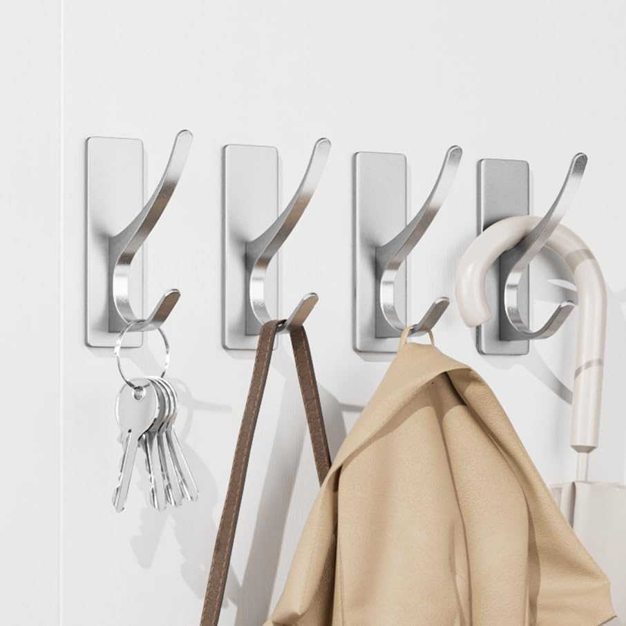 Self-Adhesive Coat Hooks for Hanging - Heavy Duty Stainless Double Wall Hook for Towel, Backpack, Hat, Sturdy Metal Hanger for Bathroom, Bedroom, Door, Wall Mounted, 4-Pack, Silver, New