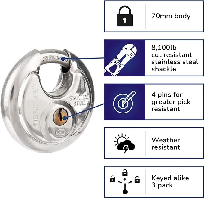 BRINKS – 70mm Heavy Duty Discus Padlock – Chrome Plated Security Lock for Storage Shed, Garage, Lockers, Toolboxes, Construction Site Storage and More