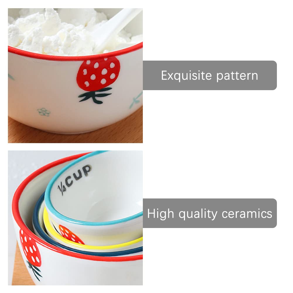 WAYUTO Ceramic Strawberry Measuring Cups with Handle Set of 4 Creative Baking Measuring Cups for Dry Wet Ingredients Cooking Baking Bowls Dishwasher Safe 1 CUP 1/2 CUP 1/3 CUP 1/4 CUP Unique Gift