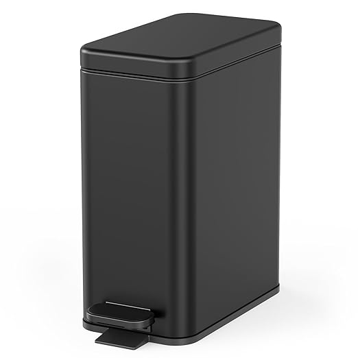 Cesun Bathroom Trash Can with Lid, 2.6 Gallon Small Black Bathroom Garbage Can Soft Close, Stainless Steel Waste Basket with Step Pedal for Bedroom, Laundry Room, Living Room, Home Office, Toilet, RV