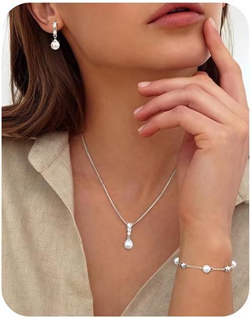 14K Gold Plated Pearl Jewelry Set for Women - 925 Sterling Silver Post Dangle Earrings Dainty Pearl Necklace Bracelet Wedding Jewelry Sets for Bride Bridesmaid CZ Costume Accessories Trendy
