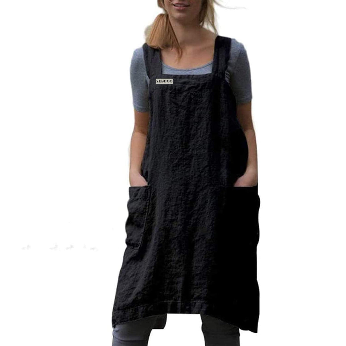 YESDOO Cotton Linen Apron Cross Back Apron for Women with Pockets Pinafore Dress for Baking Cooking