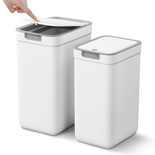 MOPALL 2 Pack Bathroom Trash Can with Lid, 3.6Gal + 2.4Gal Garbage Can with Pop-Up Lid, Small Trash Can Dog Proof, Slim Trash Bin Waste Basket for Toilet, Office, Bedroom, Living Room, Kitchen (White)