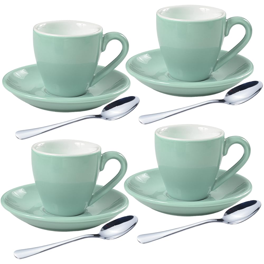 homEdge Porcelain Espresso Shot Cup Set with Saucers and Stainless Steel Spoons - 80 ml / 2.67 oz, Set of 4, Mint Green