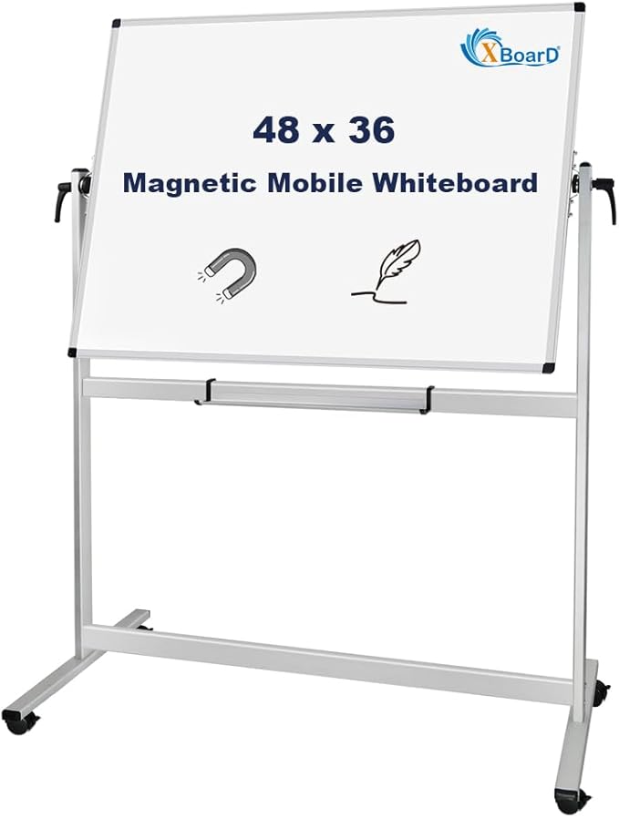 XBoard Rolling Whiteboard 48x36 inch | Double-Sided Mobile Dry Erase Board Aluminium Frame for Home School Office Live Streaming