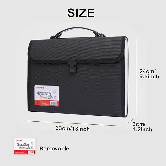 12 Pockets Letter Size/A4 Accordion File Organizer with Handle, TRANBO Expanding File Folder, Portable Paper Organizer, Expandable Plastic Document Organizer for Travel School Office - Black