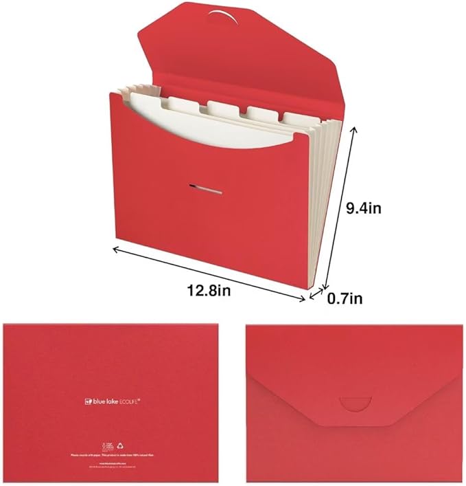 Blue Lake ECOLIFE Expandable Folders Plastic Free Accordion File Folder Organizer 6 Pocket Fiery Red