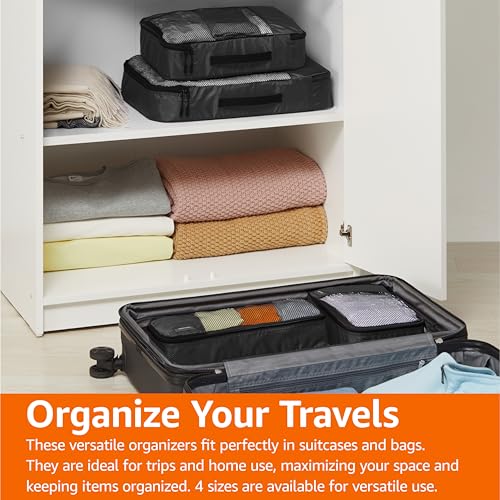 Amazon Basics Lightweight Packing Cubes Travel Organizer Set with Double Zipper, Mesh Top, Small, Medium, Large, Slim, Black, 4 Piece