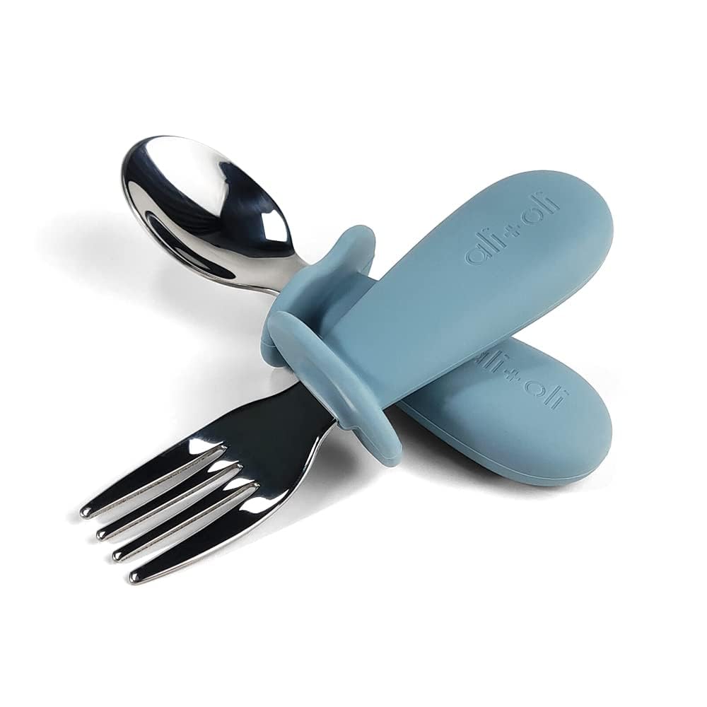 Ali+Oli Spoon & Fork Learning Set for Toddlers (Powder Blue) 6m+ Grab Easy BPA Free Food-Grade Silicone Handle, Kids Silverware Self Feeding Baby Utensil, Multi-stage Baby Feeding Set Ergonomic Design