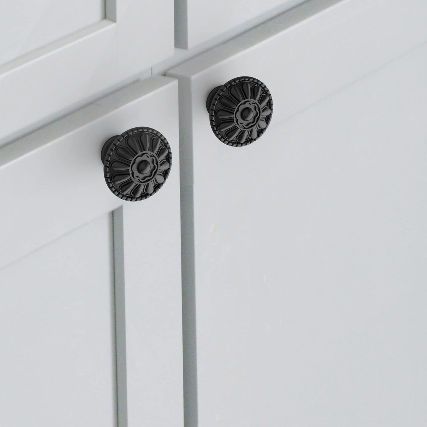 trust4care 4-Pack Euro-Style Matt Black Kitchen Cabinet Knobs, 1.25" Round Zinc Drawer Knobs with Victorian Floral Pattern, Farmhouse & Vintage Dresser Furniture Handle Hardware