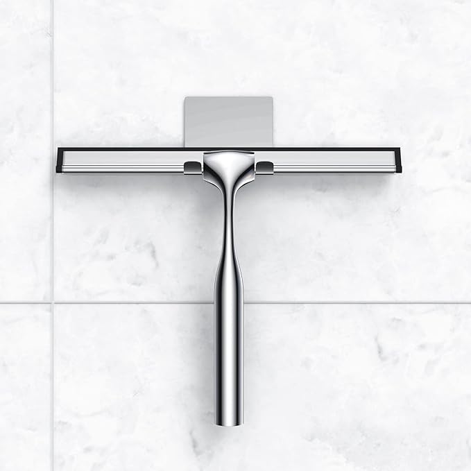 14-Inches Stainless Steel Shower Squeegee Set, Include Shower Door Hook, Adhesive Hook and Spare Silicone Blade, Window Squeegee for Shower Glass Door, Bathroom, Mirror, Window and Car Glass