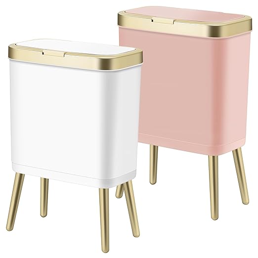 Procade 2Pack Office Trash Can with Lid, Bathroom Garbage Bin with Gold Edge, Modern Pink Trash Can for Bedroom, Slim Waste Basket Plastic Trash Bin for Room,Kitchen, Living Room,Toilet, 4 Gallon