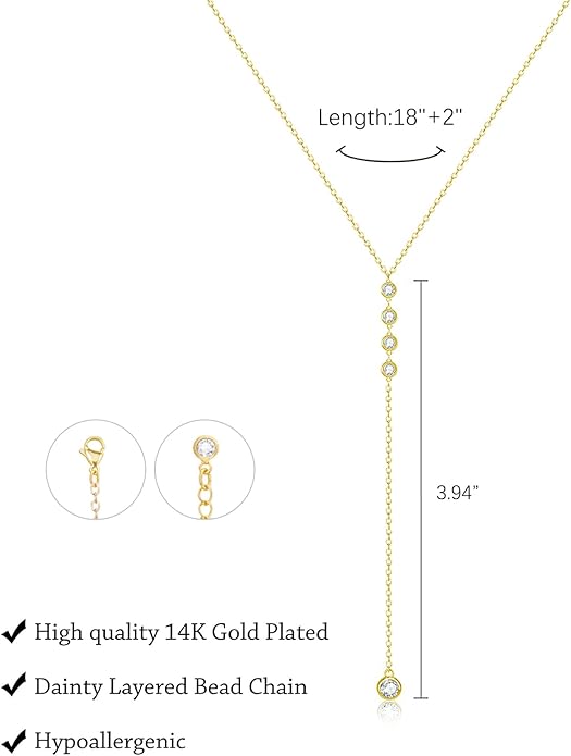 Gold Necklace for Women Trendy Lariat Y Necklace Dainty 14k Gold Plated/Silver Long Necklaces for Women Layered Beaded Drop Necklaces Simple Y-Shaped Chain Jewelry Gifts