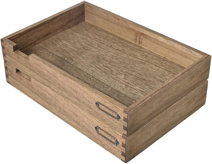 KIRIGEN Wooden Stackable Office Letter Organizer Desk Tray Pack of 2 - Wood Two Tier Tray for Desktop Organizeration with Metal Label Card Holder - Inbox Tray for Desk,Dark Brown 2TTP-DBR