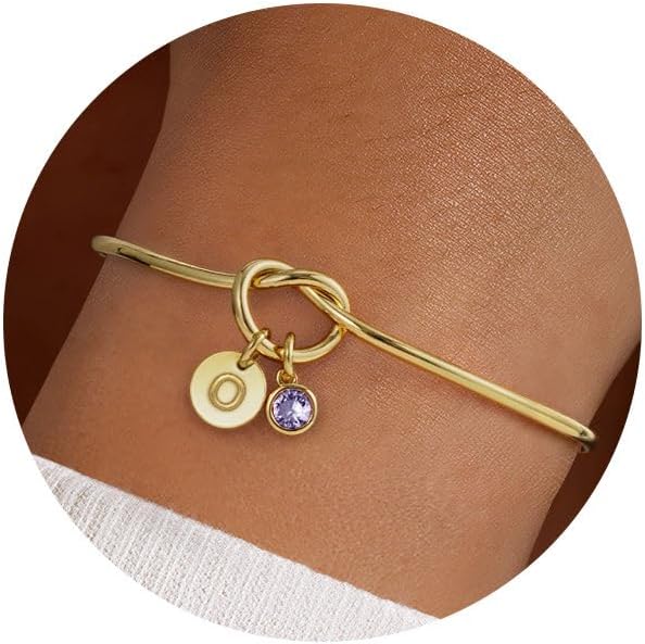 Turandoss Valentines Day Gifts for Women Girls, Dainty 14K Gold Plated 12 Months Disc Initial A-Z Birthstone Heart Knot Bangle Bracelet Birthday Bridesmaid Valentines Jewelry Gifts for Teen Girls