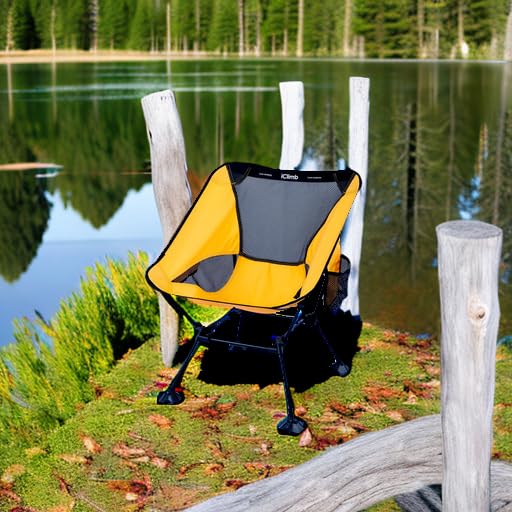 iClimb Ultralight Compact Camping Folding Beach Chair with Anti-Sinking Large Feet and Back Support Webbing (Yellow - Square Frame)