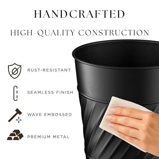 Monarch Abode Black Handcrafted Wave Embossed Metal Wastebasket for Home Office Bedroom, Decorative Waste Basket, Modern Bathroom Garbage Can, Durable & Decorative Trash Bin, Black Bathroom Trash Can