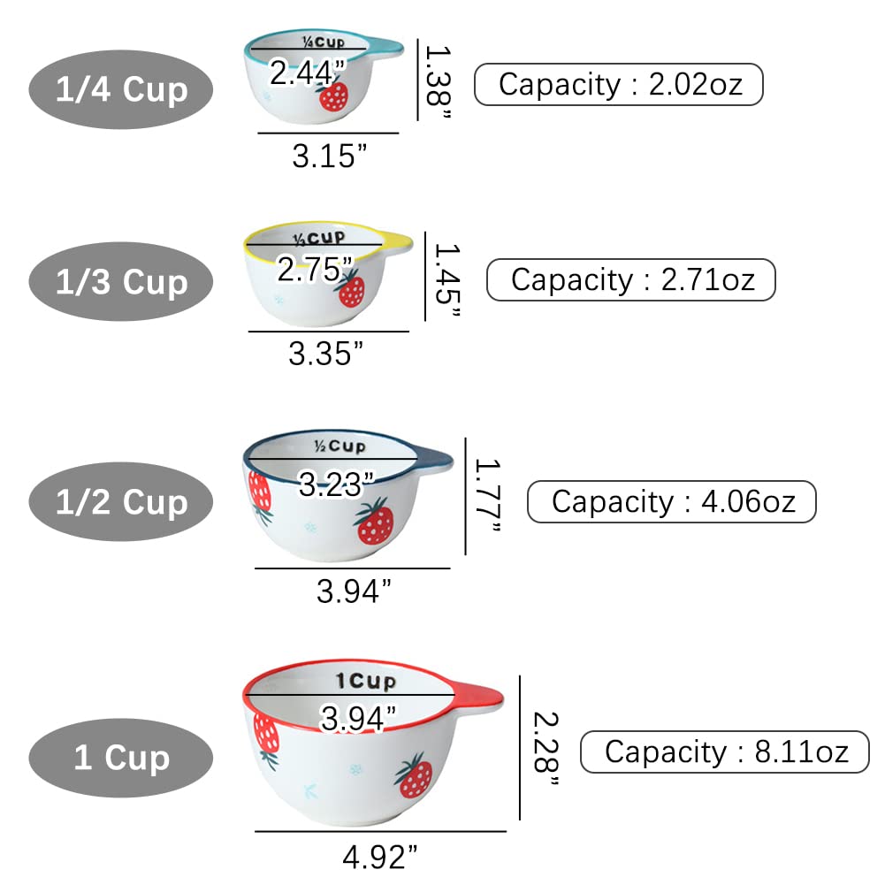 WAYUTO Ceramic Strawberry Measuring Cups with Handle Set of 4 Creative Baking Measuring Cups for Dry Wet Ingredients Cooking Baking Bowls Dishwasher Safe 1 CUP 1/2 CUP 1/3 CUP 1/4 CUP Unique Gift