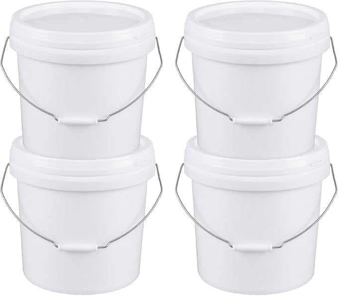 4 Gallon Round Buckets with Sealable Lids, White Plastic Food Storage Buckets, 4 Pack