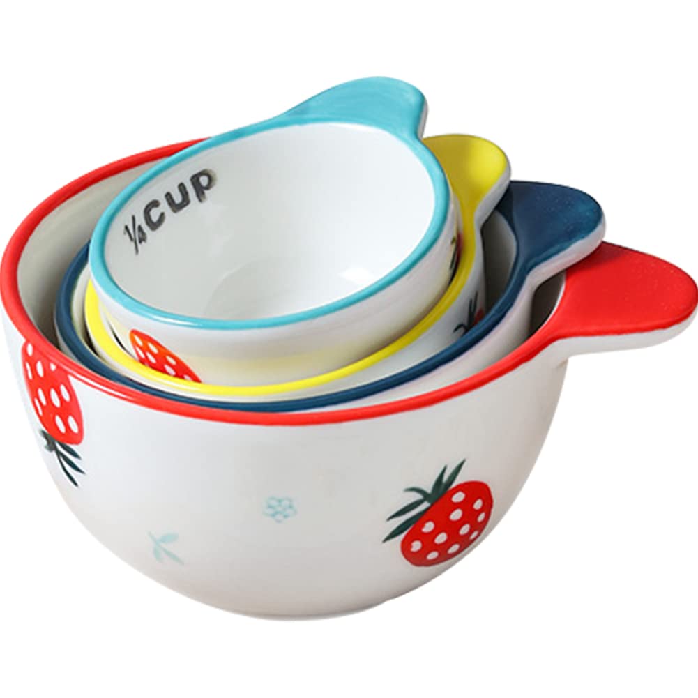 WAYUTO Ceramic Strawberry Measuring Cups with Handle Set of 4 Creative Baking Measuring Cups for Dry Wet Ingredients Cooking Baking Bowls Dishwasher Safe 1 CUP 1/2 CUP 1/3 CUP 1/4 CUP Unique Gift