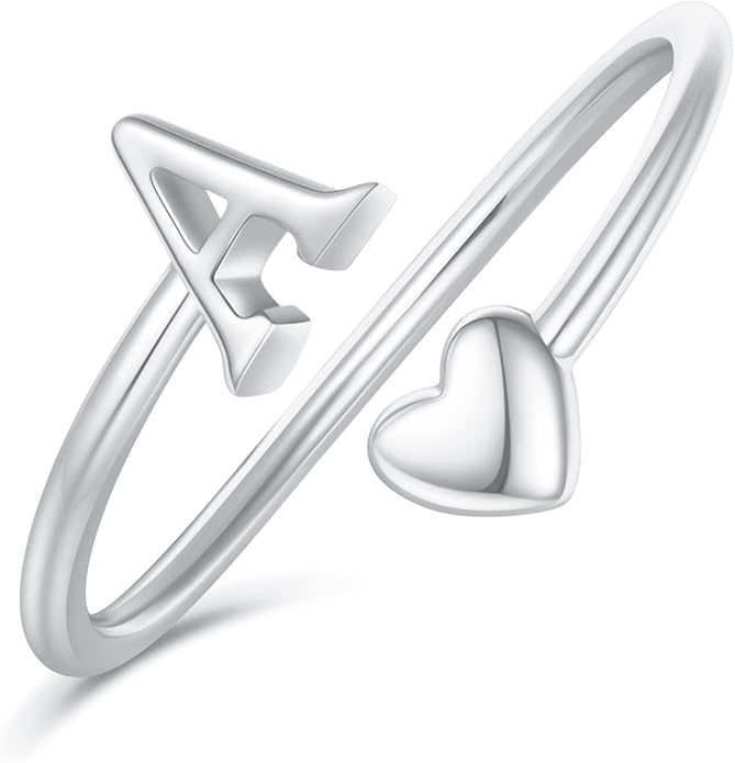 Initial Rings for Women Girls - Valentines Day Gifts for Her, Adjustable Rings for Women Non Tarnish Letter A-Z Dainty Heart Ring Teen Girls Gifts Trendy Stuff Personalized Jewelry Gift