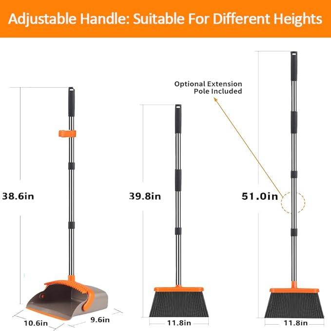 2-Pack is More economical，Upgraded Upright Broom and Dustpan Combo with 52" Long Handle, Dustpan Teeth with self-Cleaning Function, Indoor and Outdoor Sweeping, Perfect for Home Office