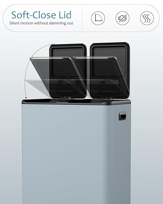 16 Gal (2 x 30 L) Dual Trash Can, Stainless Steel Kitchen Garbage Bin, Recycle Dustbin with Odor Control Box, Soft-Close Lid, Inner Buckets, Side Handle, Step Pedal, for Home Office