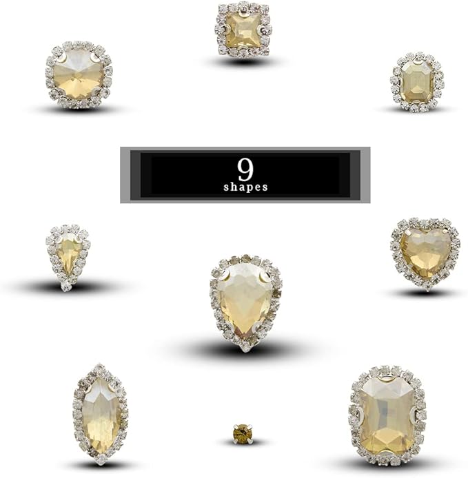 TANOSII Sew on Rhinestones 100 PCS Mixed Shapes Glass Rhinestones Sew on Crystal Gems Mental Flatback with Silver Claw for Jewelry Crafts Clothes Shoes Costume Garment Champagne Type 1