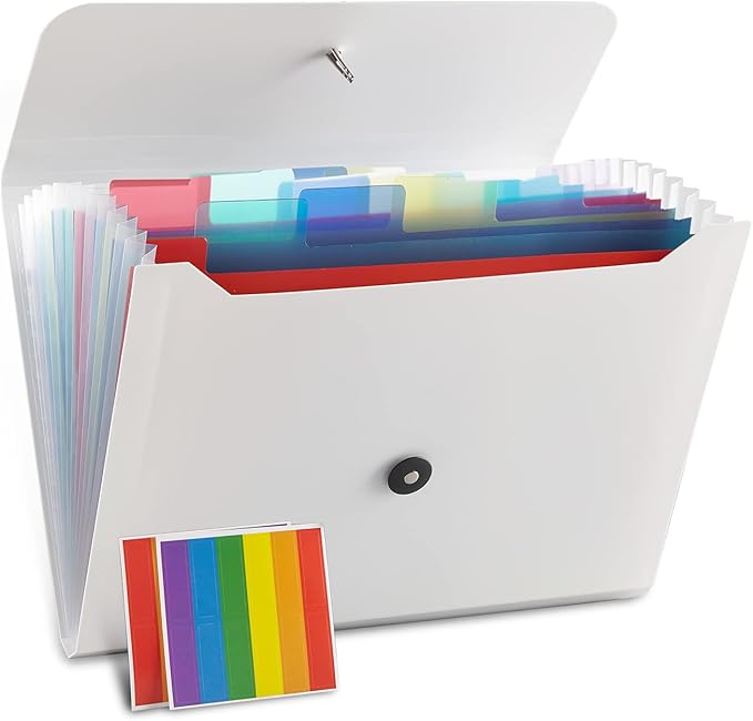 Expanding File Folder, 13 Pockets, White, Polypropylener,for Work, School, Home, Office