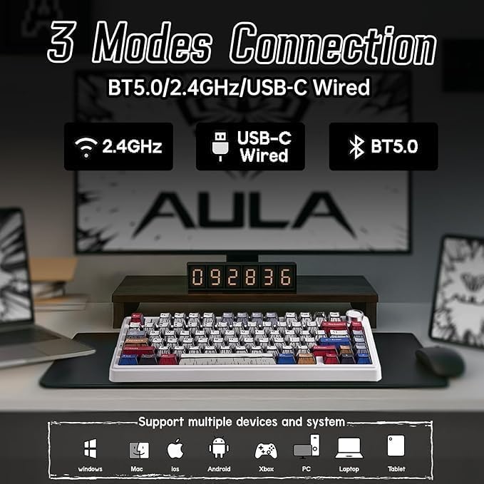x Aula F75 Mechanical Keyboard, Wireless RGB Backlit Gaming Keyboard w/Knob, 81 Keys Compact Gasket Mount Pre-lubed Hot-Swap Reaper Switches, Bluetooth/2.4GHz/Type-C, Creamy Sounding Manga Keycaps