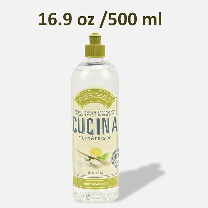 Cucina Fruits & Passion Biodegradable Concentrated Liquid Dish Soap Detergent 16.9 Ounces - 2 Pack (Sea Salt and Amalfi Lemon)
