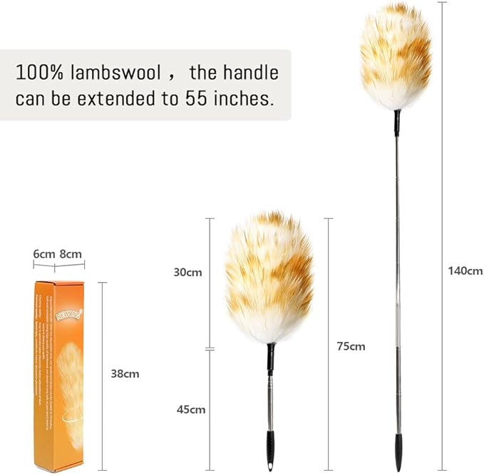 Extendable Lambswool Duster 30-55inch with Aluminium Alloy Handle, Natural Long Feather Duster for Cleaning Fans, Ceiling, Bookshelevs, for Home&Office
