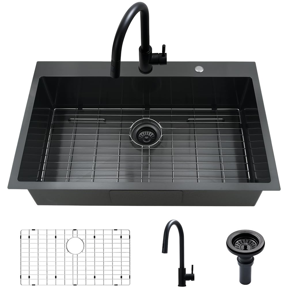 33 Black Kitchen Sink with Faucet Combo-VASOYO 33 x 22 Drop In Kitchen Sink Top Mount Black Stainless Steel Deep Single Bowl Over Mount Sinks with Faucet Combo Set